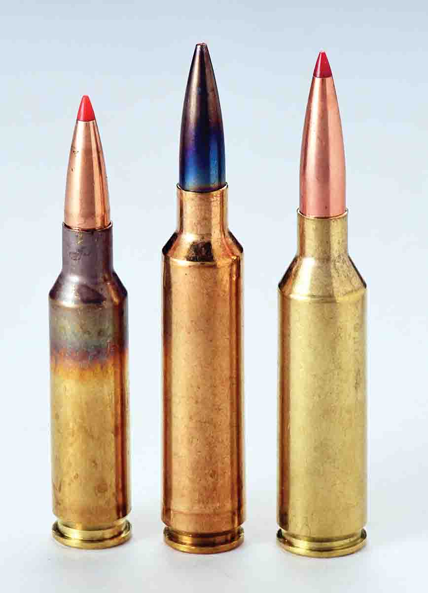 Left to right: The 6.5 Creedmoor, 6.5-284 Norma and 6.5 PRC are designed with long chamber throats in SAAMI specifications for seating long bullets well out of the cartridge cases.